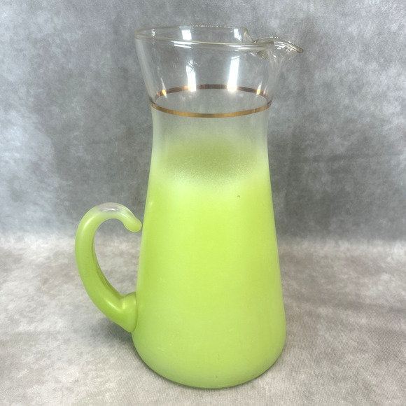 Vtg MCM Blendo Frosted Lime Green Glass Pitcher w/Gold Rim 10.25” Barware Decor - Picture 1 of 9